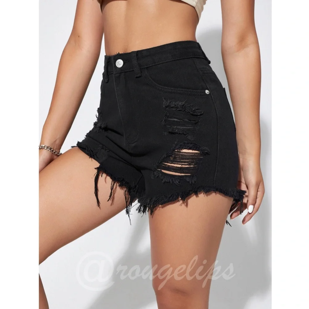 Black Denim Shorts Distressed Ripped High Waist Raw Hem - Picture 5 of 8